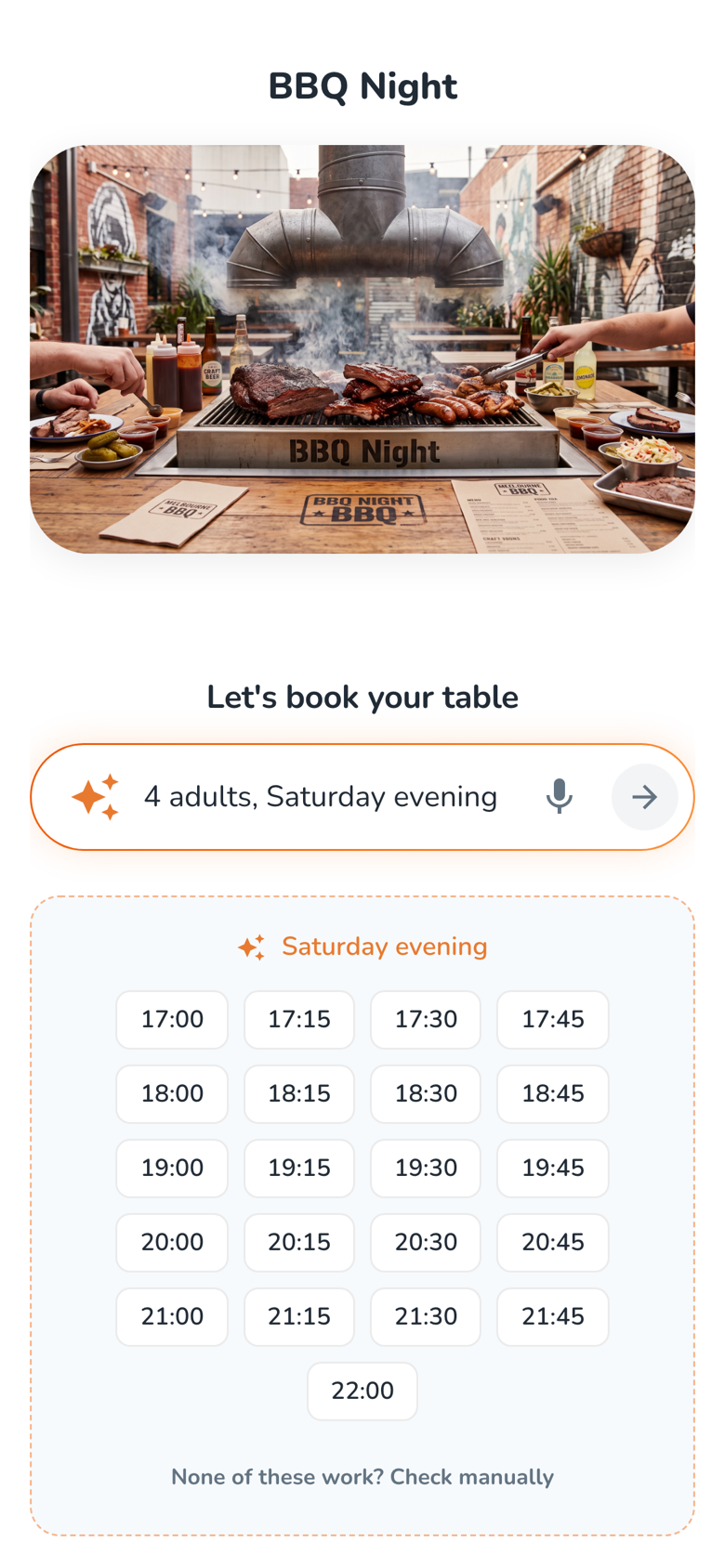 DiningMate booking page showing a typed request and suggested times