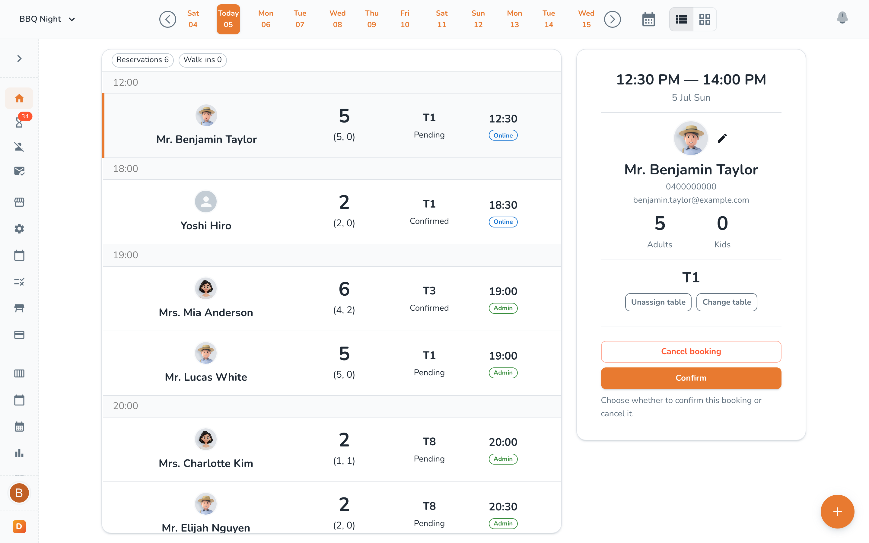 DiningMate admin dashboard showing the day's bookings and a booking detail panel
